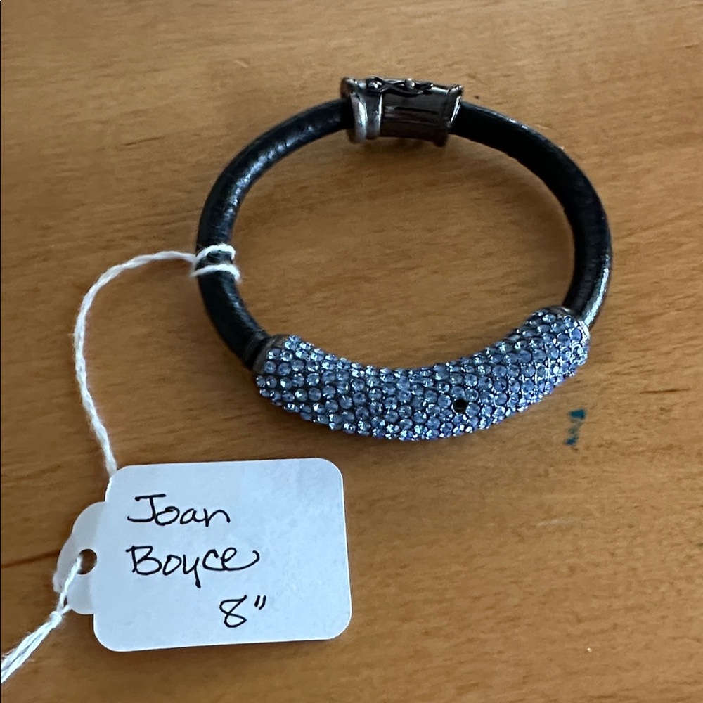 Joan Boyce 8" Braid Me Beautiful Blue Pavé Crystal Black Leather Bangle Bracelet